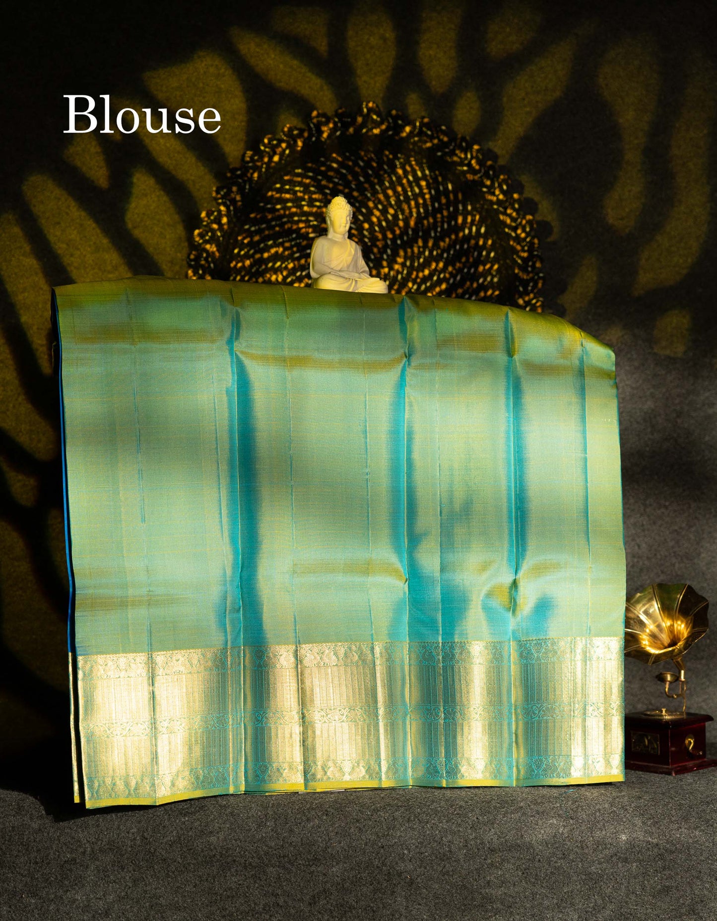 Beautiful Pure Silk Pattu Pavadai (Dual Tone Blue) With Contrast Dual Tone Sapphire Green Blouse 36"