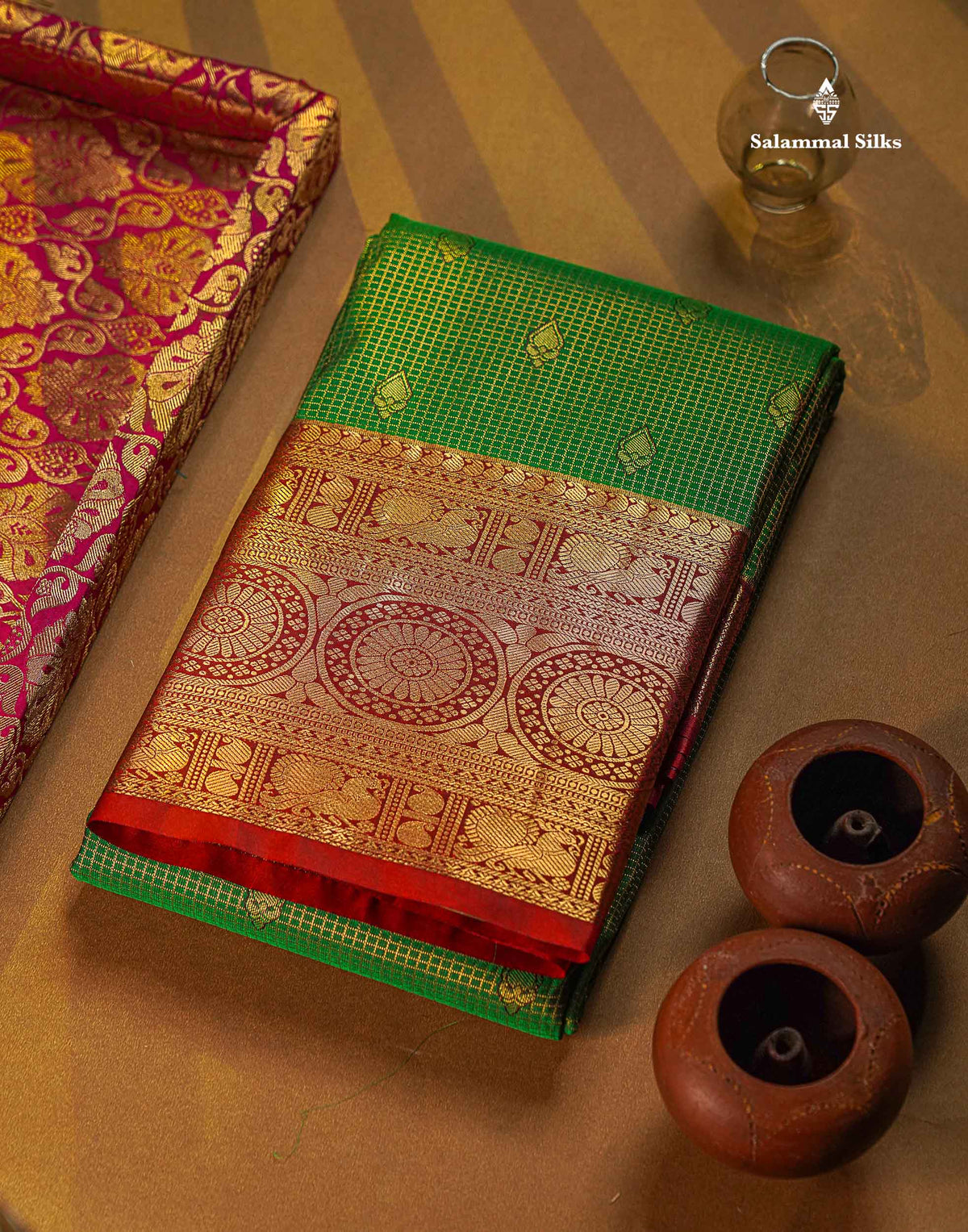 Semi Silk Saree - Green Colour Body Small Checks With Butta & Contrast Maroon Border