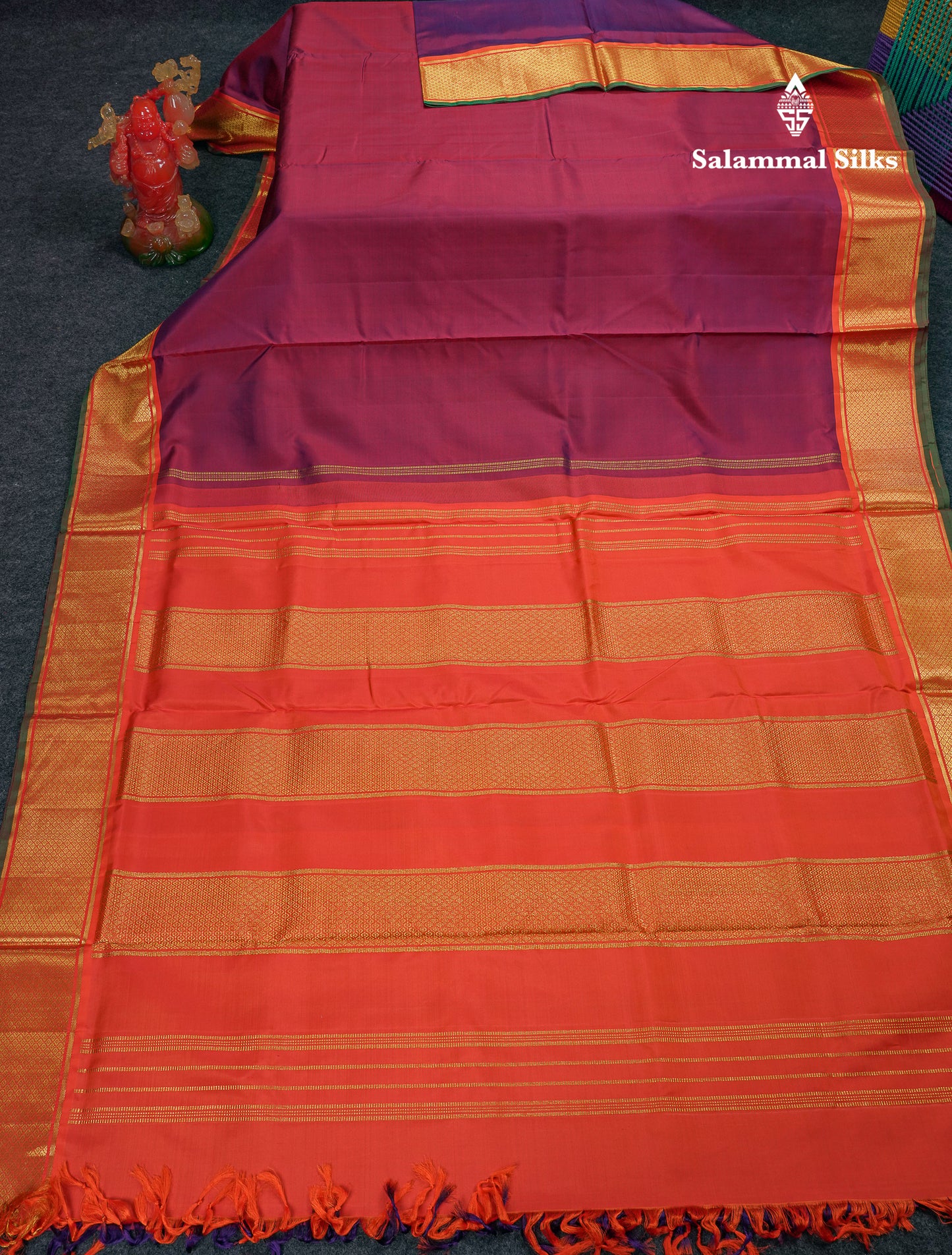 Beautiful Dual Tone Magenta 10 Yards Pure Silk Saree With (5inch) Contrast Orange Traditional Border