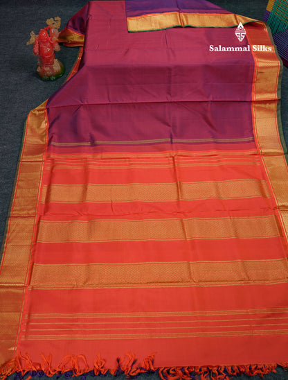 Beautiful Dual Tone Magenta 10 Yards Pure Silk Saree With (5inch) Contrast Orange Traditional Border