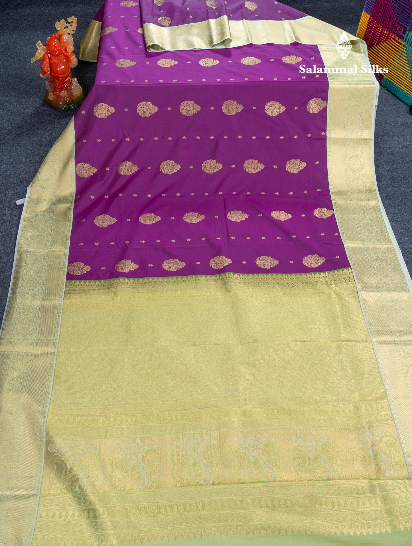 Dark Purple Semi Silk Saree With Contrast Pista Green Border