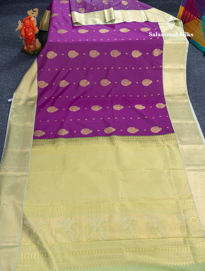 Dark Purple Semi Silk Saree With Contrast Pista Green Border