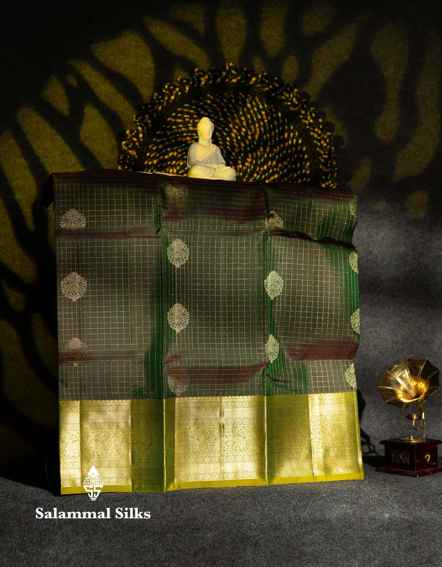 Beautiful Pure Silk Pattu Pavadai Checks(Dual Tone Bottle Green) With Contrast Manthulir Green Blouse 36"