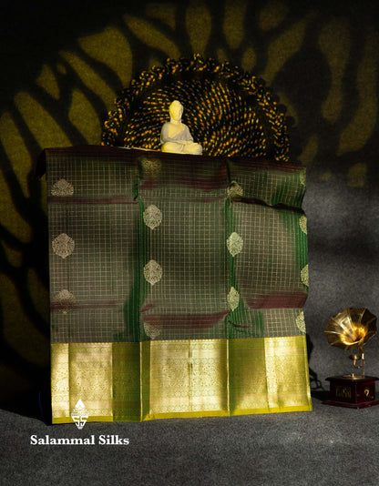 Beautiful Pure Silk Pattu Pavadai Checks(Dual Tone Bottle Green) With Contrast Manthulir Green Blouse 36"