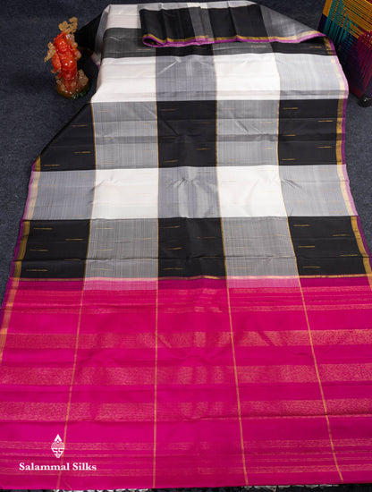 Beautiful Multicolour Checks Malli Moggu Butta Pure Kanjivaram Silk Saree With Contrast Pink Blouse