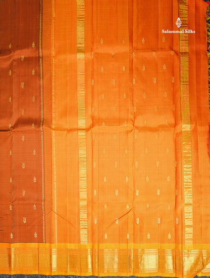 One Side Border Pure Silk Saree - Brown Zari Butta With Contrast Yellow Traditional Border