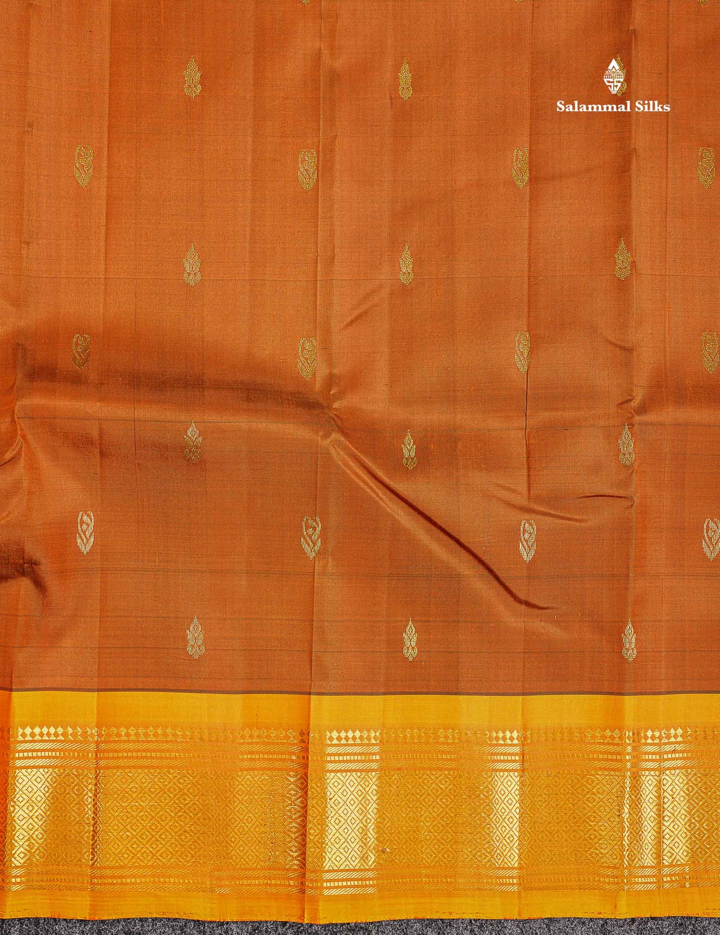 One Side Border Pure Silk Saree - Brown Zari Butta With Contrast Yellow Traditional Border