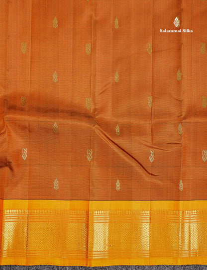 One Side Border Pure Silk Saree - Brown Zari Butta With Contrast Yellow Traditional Border