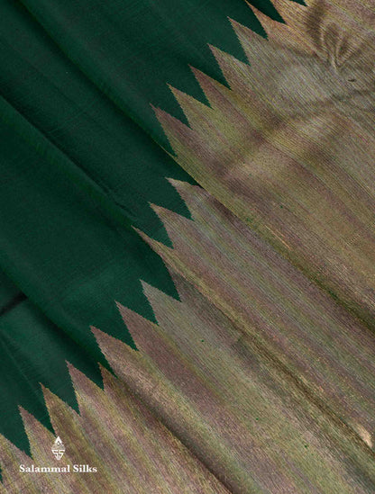 Beautiful Bottle Green 8Kol Pure Kanjivaram Silk Saree With Traditional Raising Temple Border