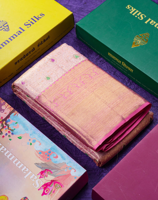 Beautiful Baby Pink Tissue Menakari Work Bridal 2G Pure Kanjivaram Silk Saree With Contrast Light Pink Traditional Border