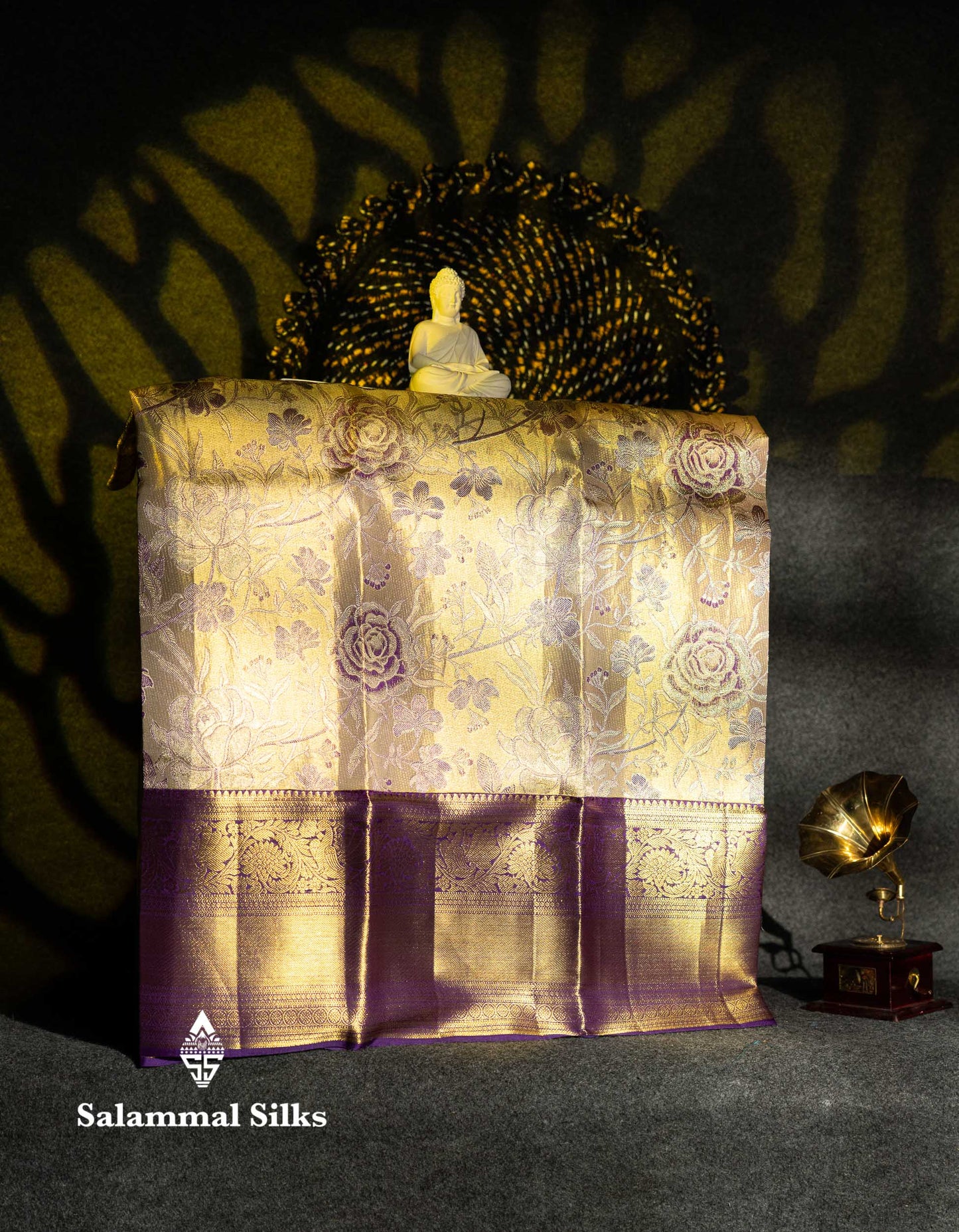 Beautiful Pure Silk Pattu Pavadai Tissue (Cream Sandal) With Contrast Dark Purple Blouse 36"