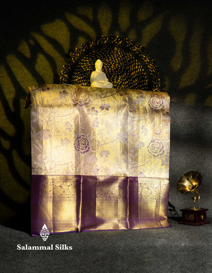 Beautiful Pure Silk Pattu Pavadai Tissue (Cream Sandal) With Contrast Dark Purple Blouse 36"