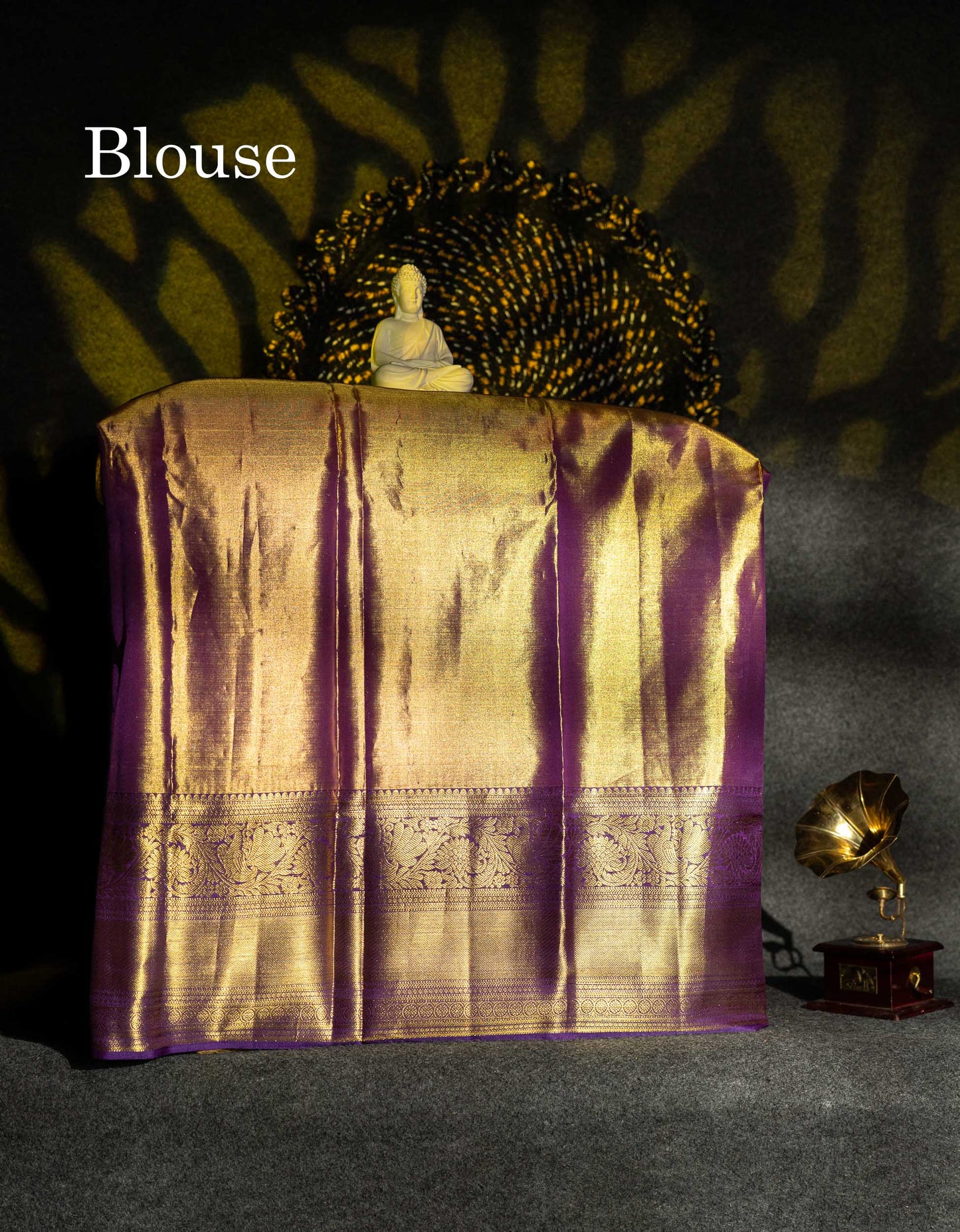 Beautiful Pure Silk Pattu Pavadai Tissue (Cream Sandal) With Contrast Dark Purple Blouse 36"