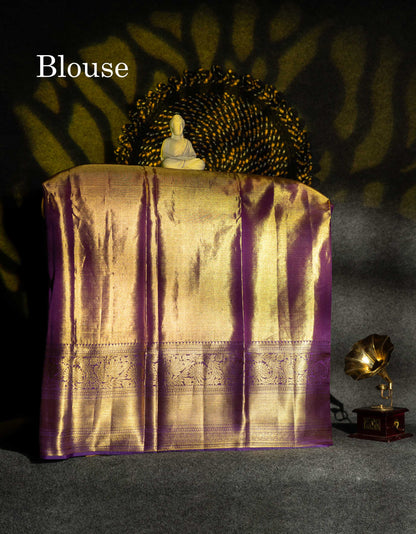 Beautiful Pure Silk Pattu Pavadai Tissue (Cream Sandal) With Contrast Dark Purple Blouse 36"