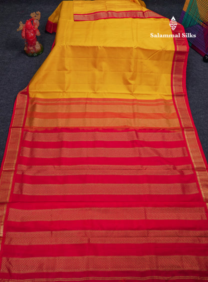 Korvai Beautiful Yellow 10 Yards Pure Silk Saree With (4.1 inch) Contrast Chilly Red Traditional Border