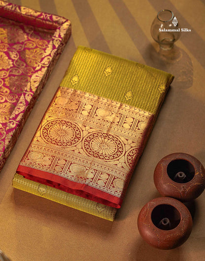 Semi Silk Saree - Green Colour Body Small Checks With Butta & Contrast Maroon Border
