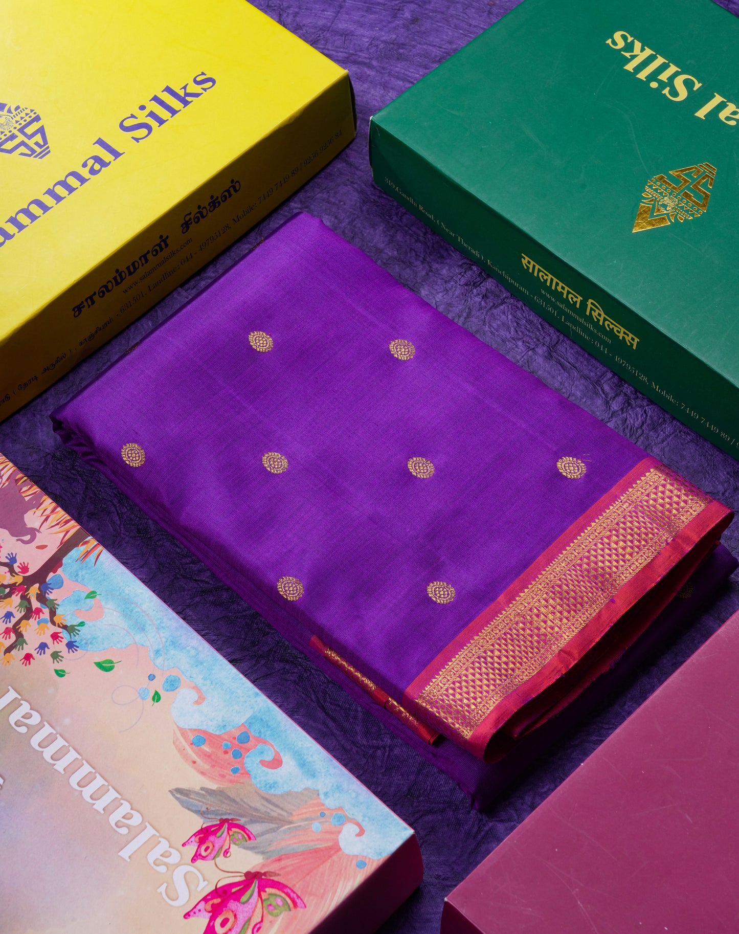Beautiful Dark Purple Pure Kanjivaram Silk Saree With Contrast Pinkish Orange Small Tarditional Border