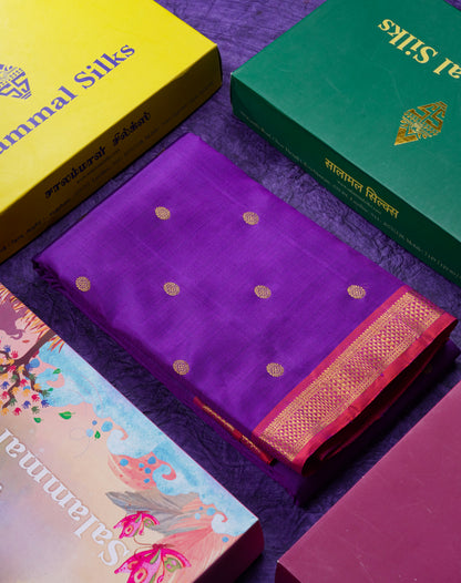 Beautiful Dark Purple Pure Kanjivaram Silk Saree With Contrast Pinkish Orange Small Tarditional Border