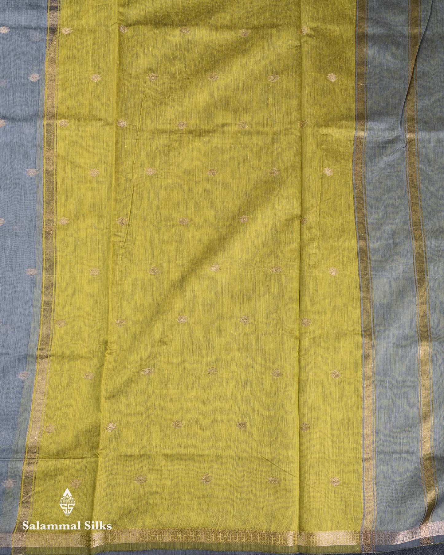 Beautiful Grey Zari Butta Maheshwar Cotton Saree With Contrast Manthulir Green Blouse