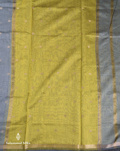 Beautiful Grey Zari Butta Maheshwar Cotton Saree With Contrast Manthulir Green Blouse