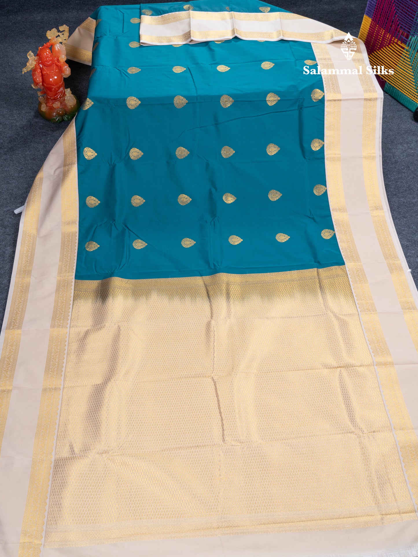 Peacock Blue Semi Silk Saree With Contrast Half White Traditional Rettapet Double Border