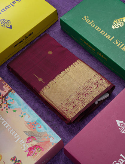 Beautiful Magenta Pure Kanjivaram Silk Saree With Traditional Evening Morning Border
