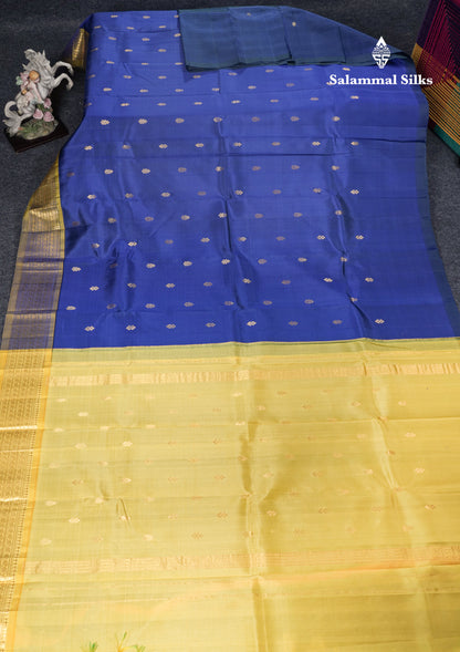 Royal Blue Pure Kanjivaram Silk Saree With Contrast Mehandi Green One Side Border