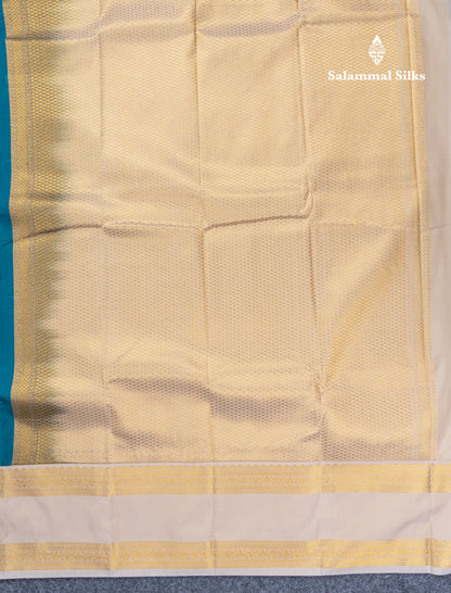 Peacock Blue Semi Silk Saree With Contrast Half White Traditional Rettapet Double Border