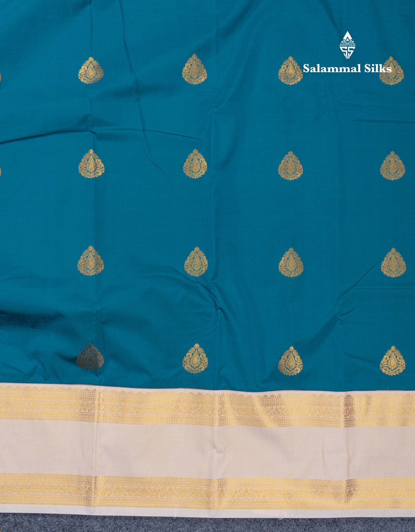 Peacock Blue Semi Silk Saree With Contrast Half White Traditional Rettapet Double Border