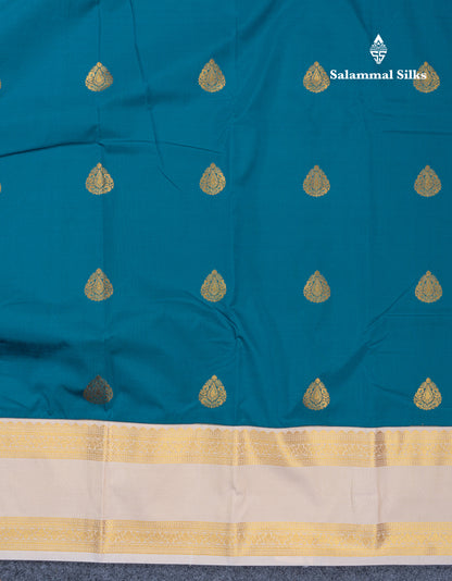 Peacock Blue Semi Silk Saree With Contrast Half White Traditional Rettapet Double Border