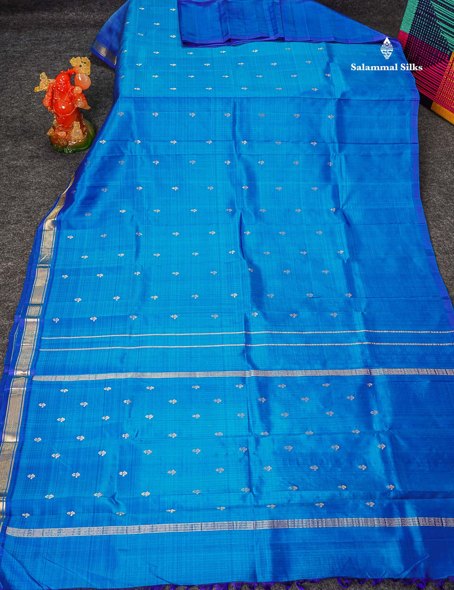 One Side Border Pure Silk Saree - Dual Tone Blue Zari Butta With Small Traditional Border