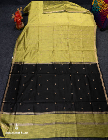 Beautiful Manthulir Green Lines With Zari Butta Maheshwar Cotton Saree With Contrast Black Blouse
