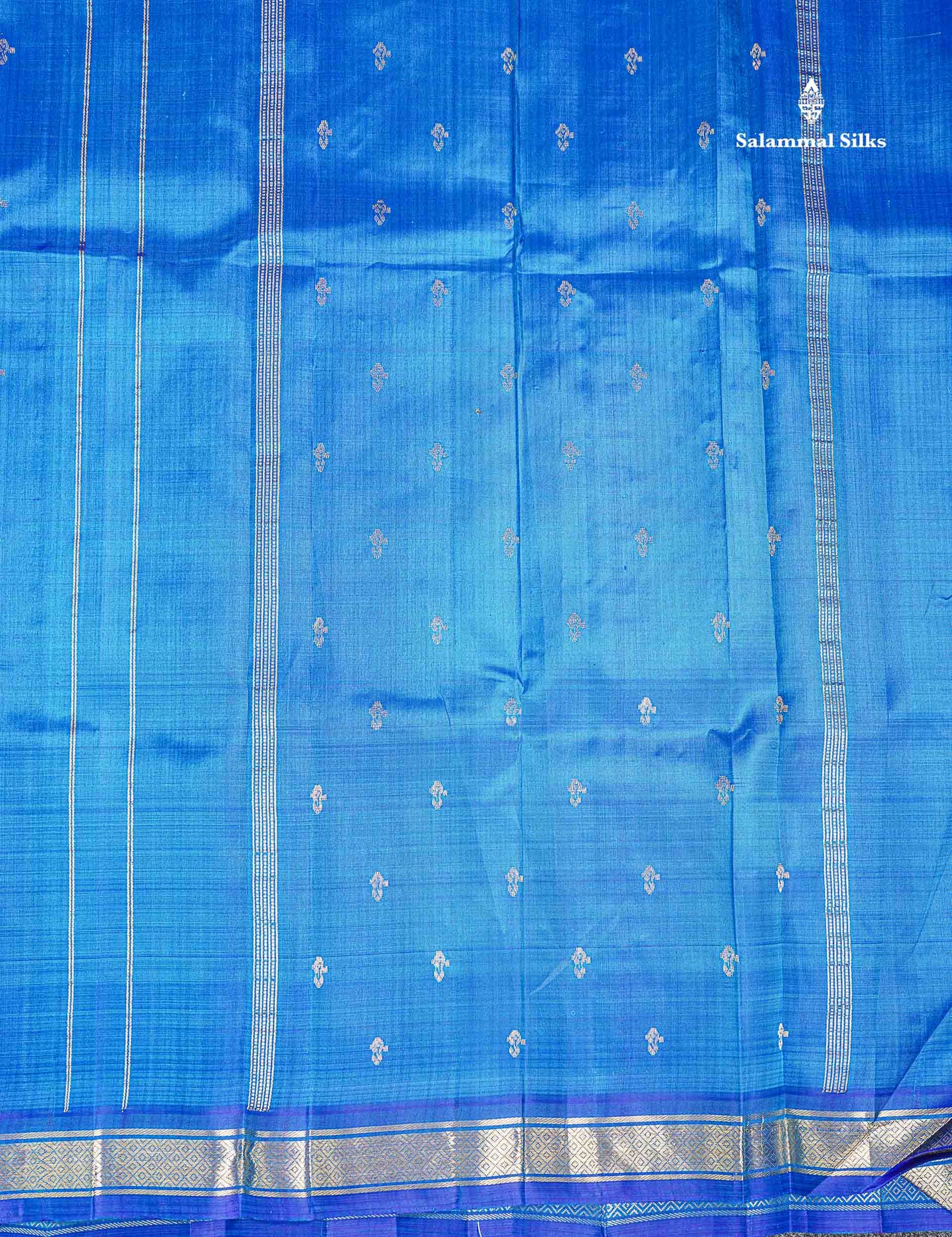One Side Border Pure Silk Saree - Dual Tone Blue Zari Butta With Small Traditional Border