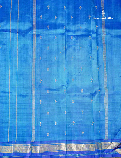 One Side Border Pure Silk Saree - Dual Tone Blue Zari Butta With Small Traditional Border