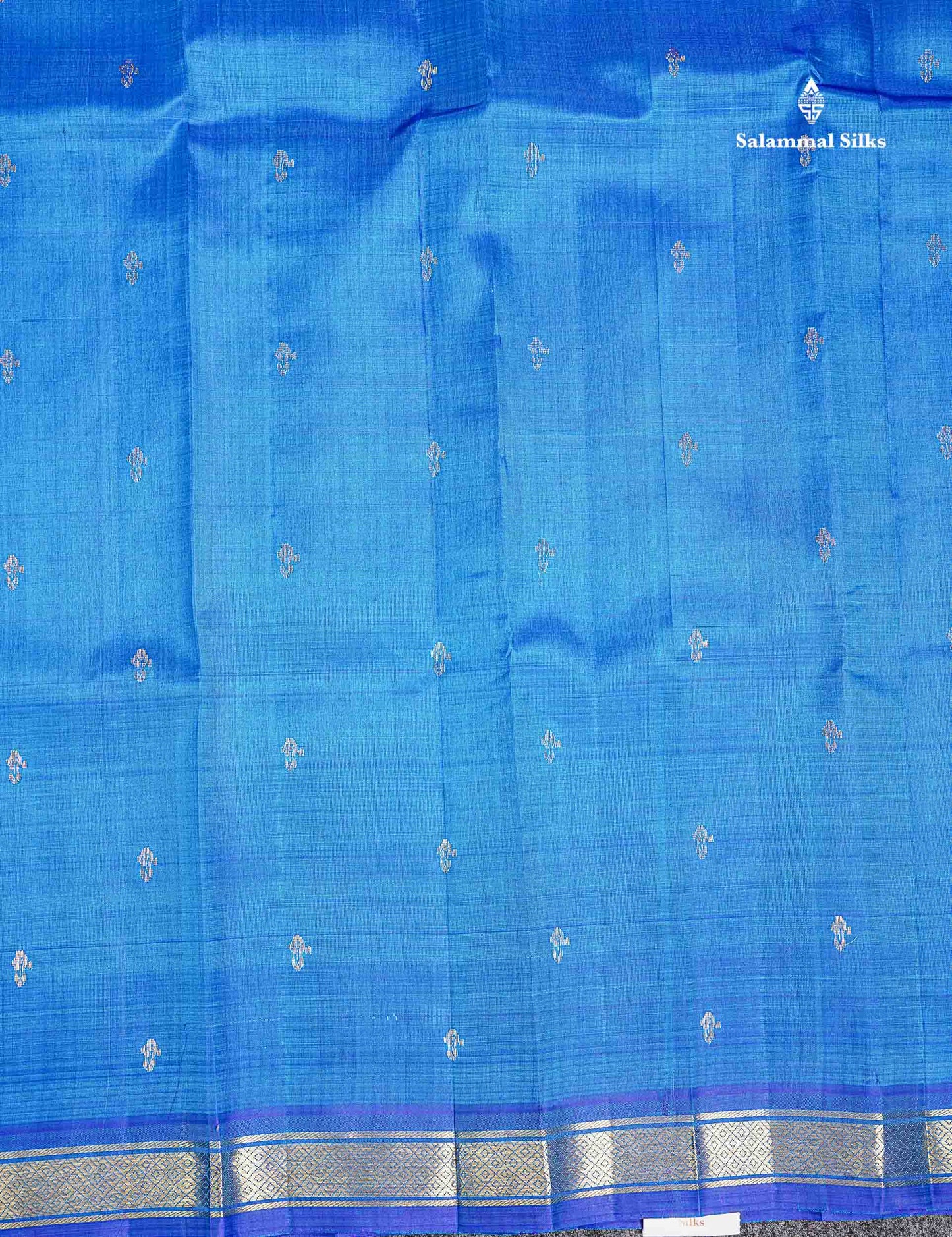 One Side Border Pure Silk Saree - Dual Tone Blue Zari Butta With Small Traditional Border