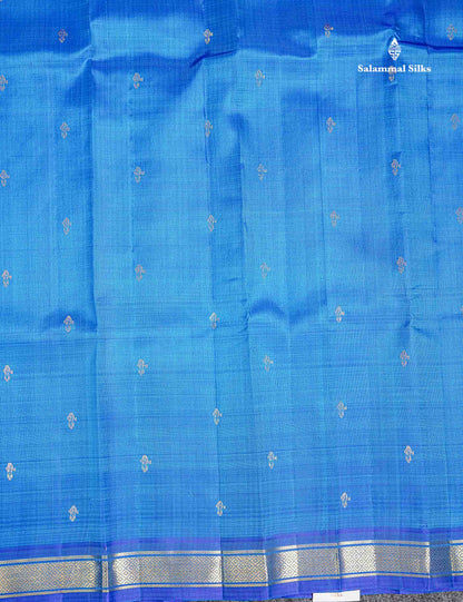 One Side Border Pure Silk Saree - Dual Tone Blue Zari Butta With Small Traditional Border