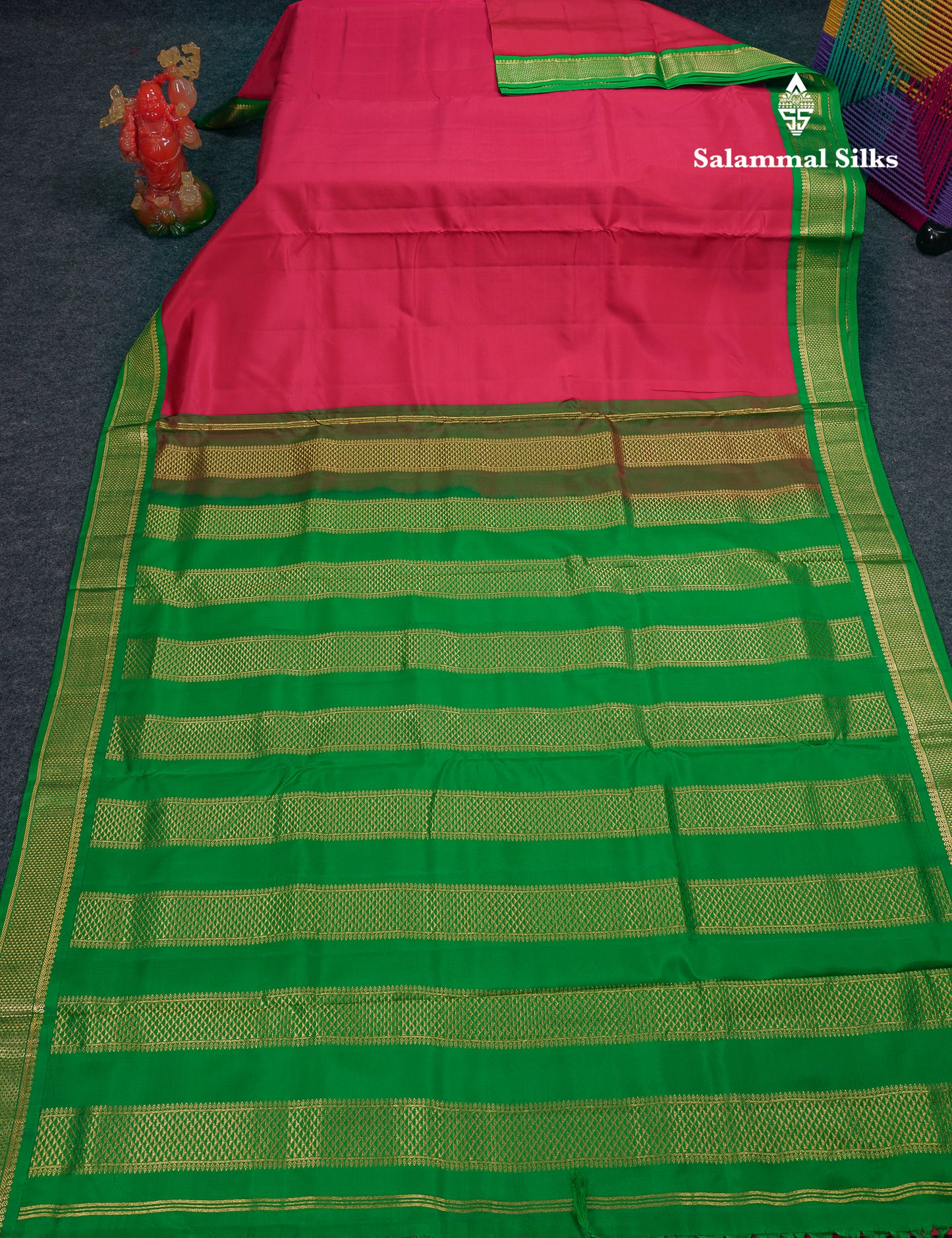 Korvai Beautiful Dual Tone Pink 10 Yards Pure Silk Saree With (4.1 inch) Contrast Green Traditional Border