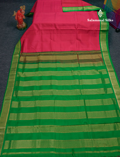 Korvai Beautiful Dual Tone Pink 10 Yards Pure Silk Saree With (4.1 inch) Contrast Green Traditional Border