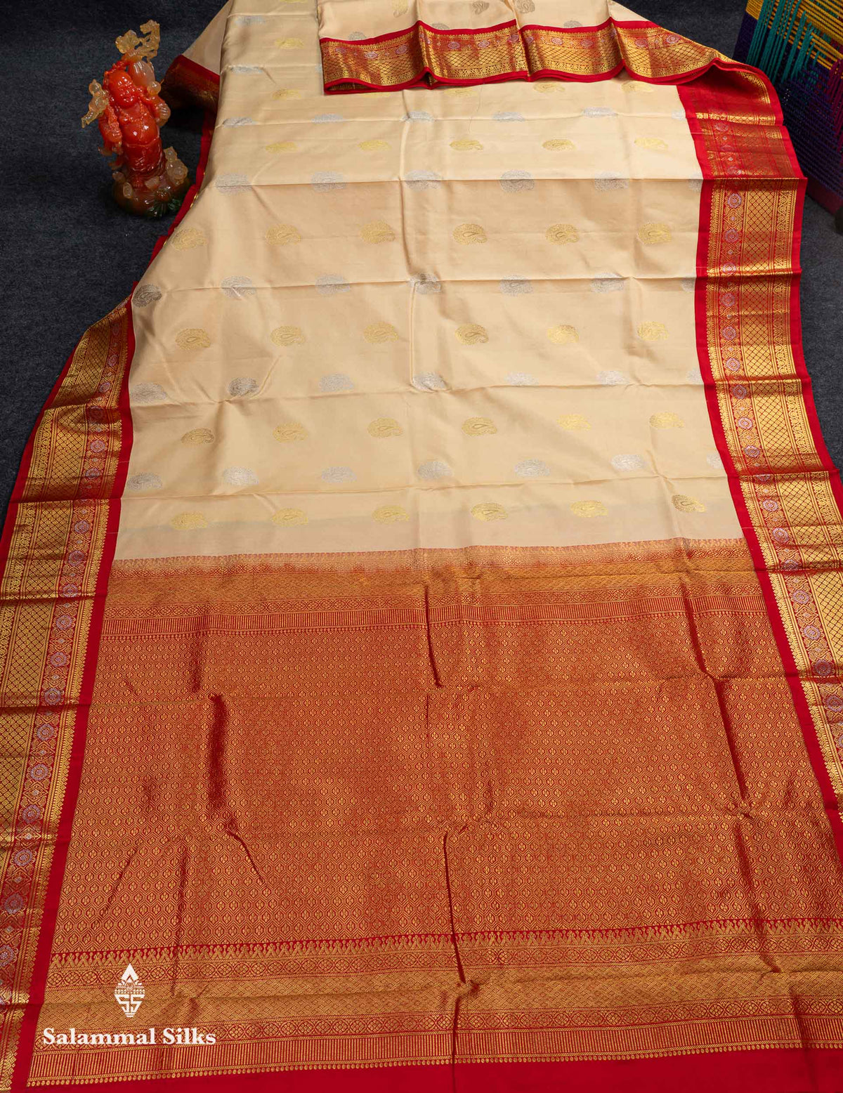 Korvai Beautiful Beige Silver & Gold Zari Butta Pure Kanjivaram Silk Saree Contrast Chilly Red Traditional Border