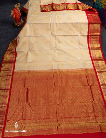 Korvai Beautiful Beige Silver & Gold Zari Butta Pure Kanjivaram Silk Saree Contrast Chilly Red Traditional Border