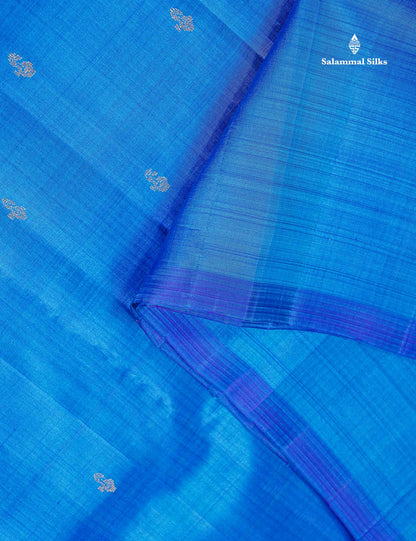 One Side Border Pure Silk Saree - Dual Tone Blue Zari Butta With Small Traditional Border