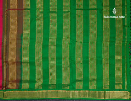 Korvai Beautiful Dual Tone Pink 10 Yards Pure Silk Saree With (4.1 inch) Contrast Green Traditional Border