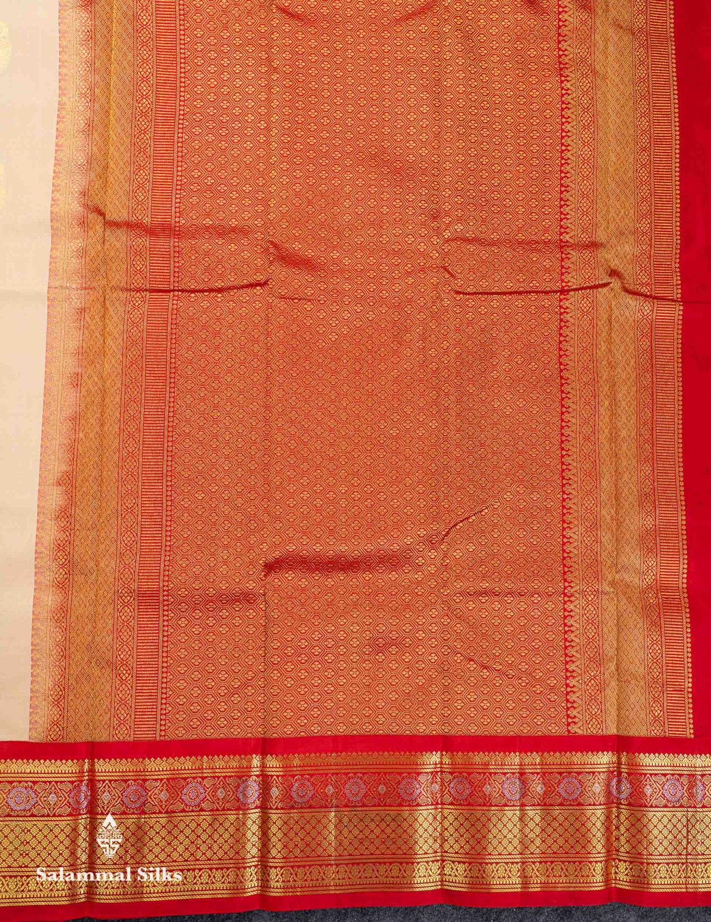 Korvai Beautiful Beige Silver & Gold Zari Butta Pure Kanjivaram Silk Saree Contrast Chilly Red Traditional Border