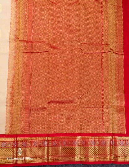 Korvai Beautiful Beige Silver & Gold Zari Butta Pure Kanjivaram Silk Saree Contrast Chilly Red Traditional Border