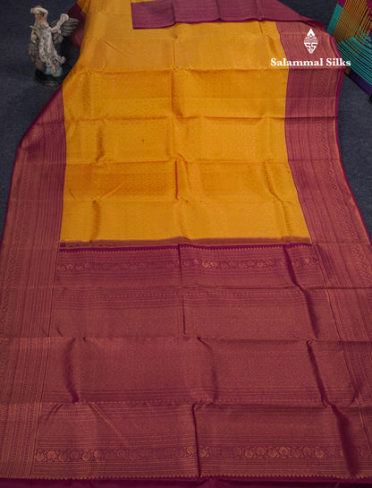Beautiful Yellow Bridal Kanjivaram Pure Silk Saree With Dark Magenta Designer Blouse