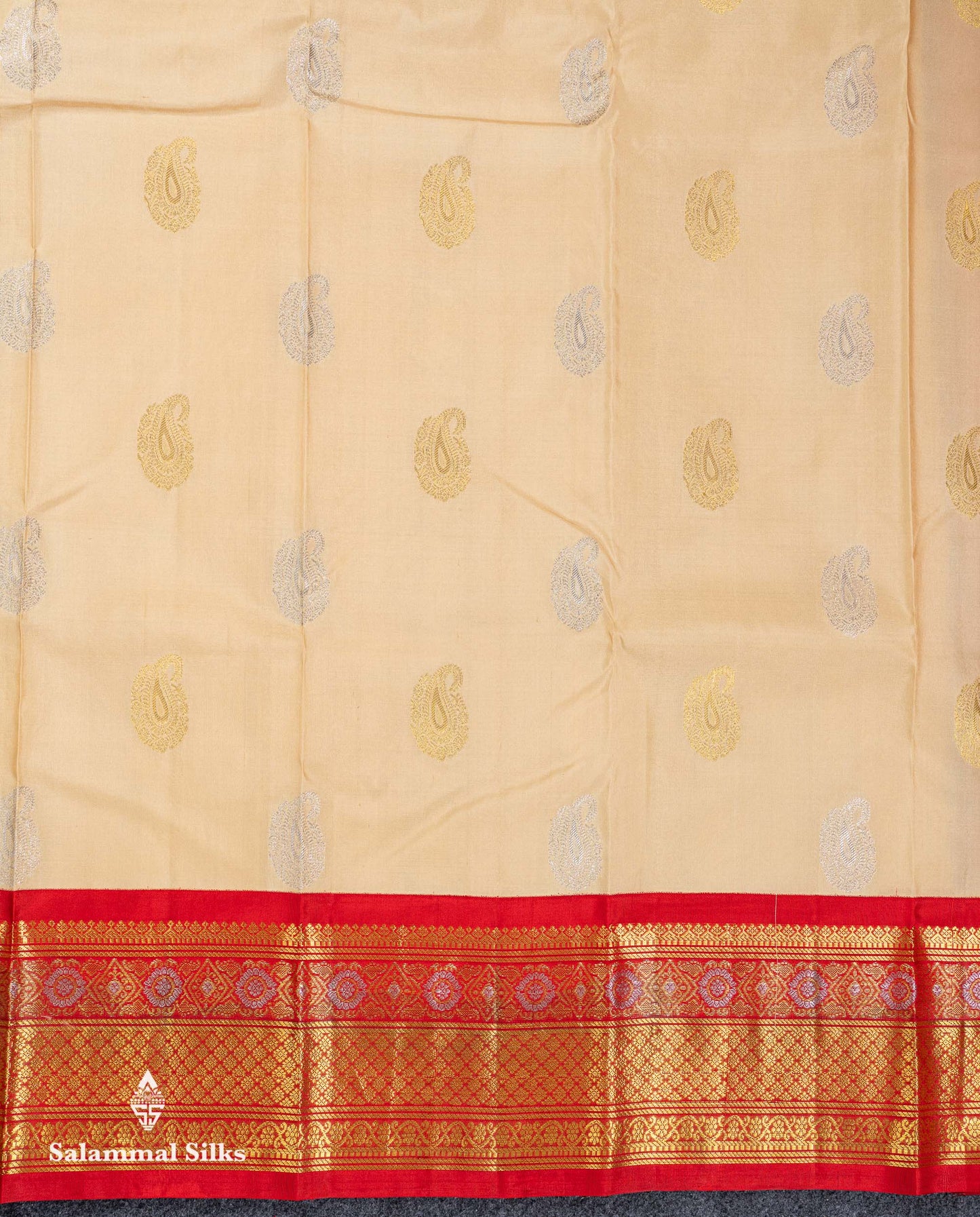 Korvai Beautiful Beige Silver & Gold Zari Butta Pure Kanjivaram Silk Saree Contrast Chilly Red Traditional Border