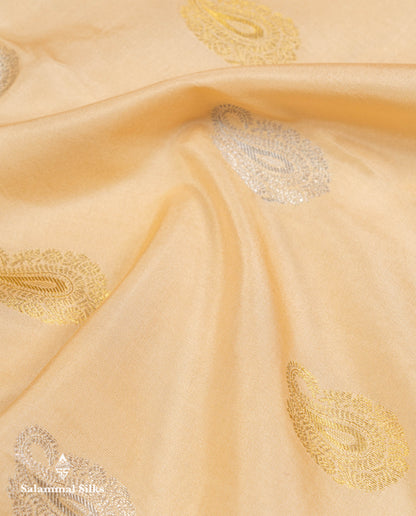 Korvai Beautiful Beige Silver & Gold Zari Butta Pure Kanjivaram Silk Saree Contrast Chilly Red Traditional Border
