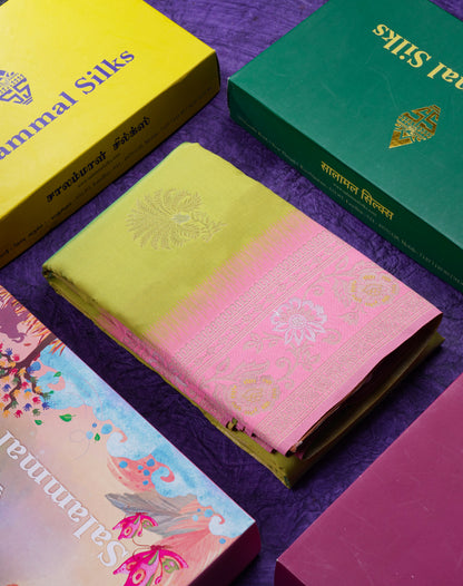 Beautiful Manthulir Green Semi Silk Saree With Contrast Light Pink Border