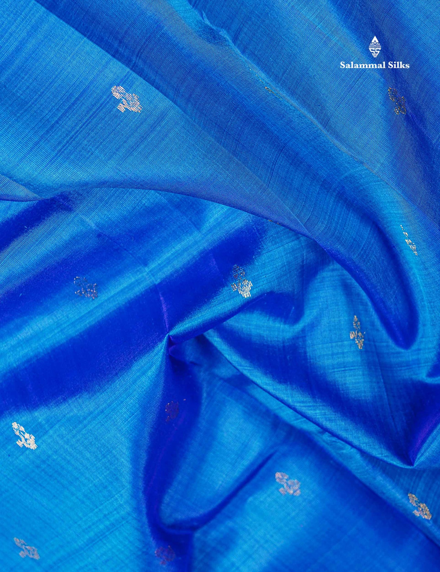 One Side Border Pure Silk Saree - Dual Tone Blue Zari Butta With Small Traditional Border