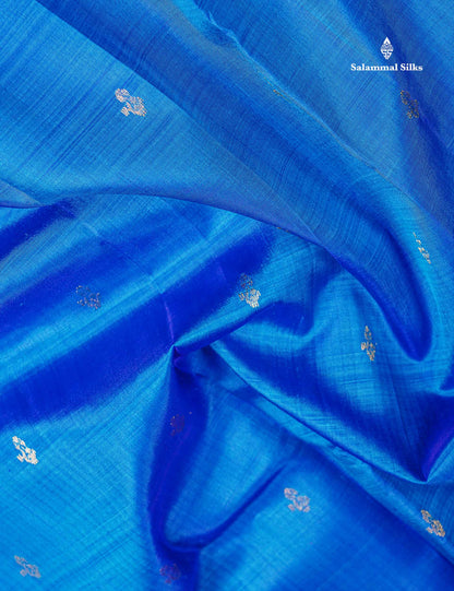 One Side Border Pure Silk Saree - Dual Tone Blue Zari Butta With Small Traditional Border